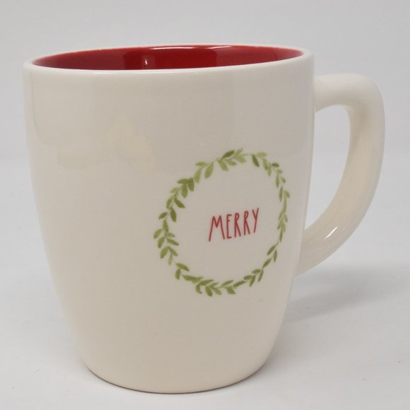 Rae Dunn Merry Wreath Holiday Mug Red Interior New Winter Coffee Cup Lounge - Picture 10 of 11